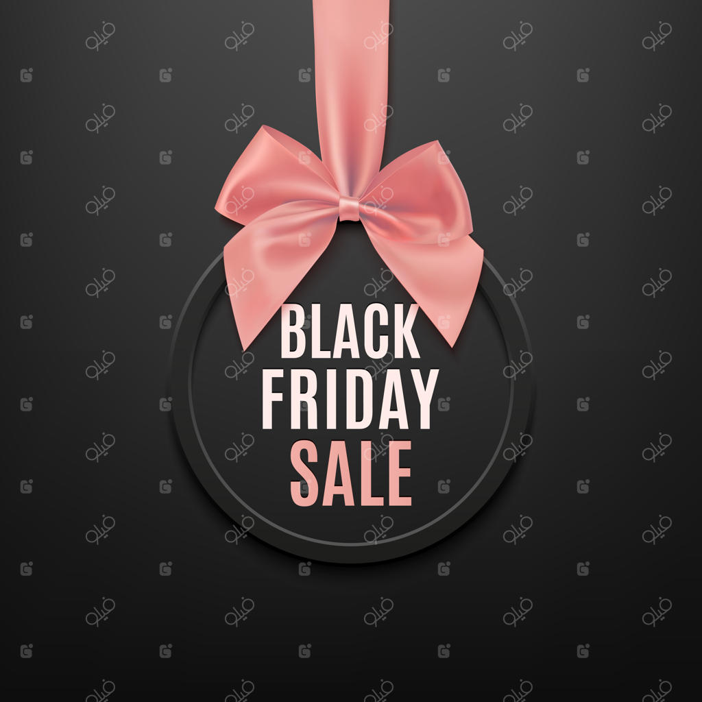 بنر گرد بلک فرایدی با روبان و پاپیون صورتی روی پس‌زمینه سیاه. قالب بروشور یا بنر.