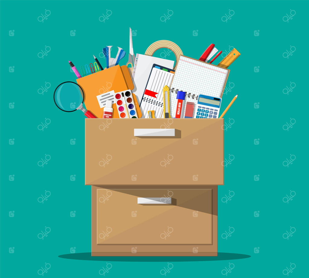 لوازم اداری در کشوی چوبی