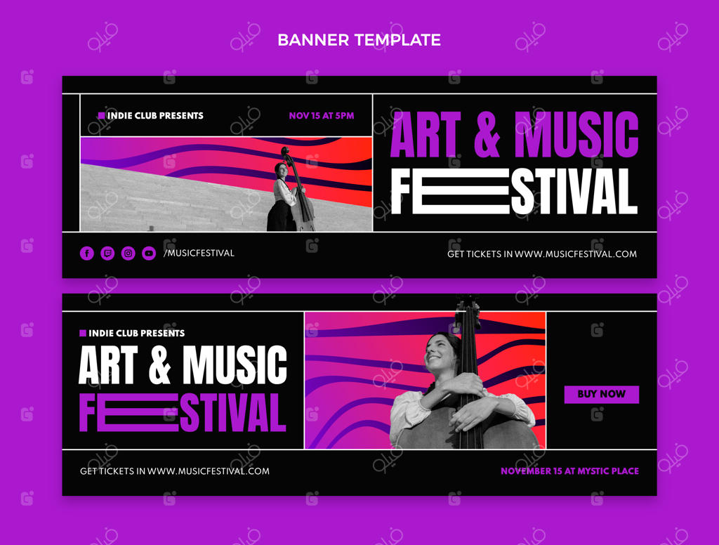 بنرهای افقی فستیوال موسیقی با رنگ‌های گرادیان و متنوع