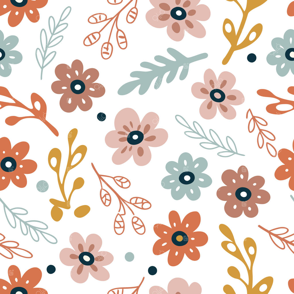 الگوی گل‌دار دل‌انگیز با گل‌های صورتی، قهوه‌ای و آبی بر روی زمینه سفید