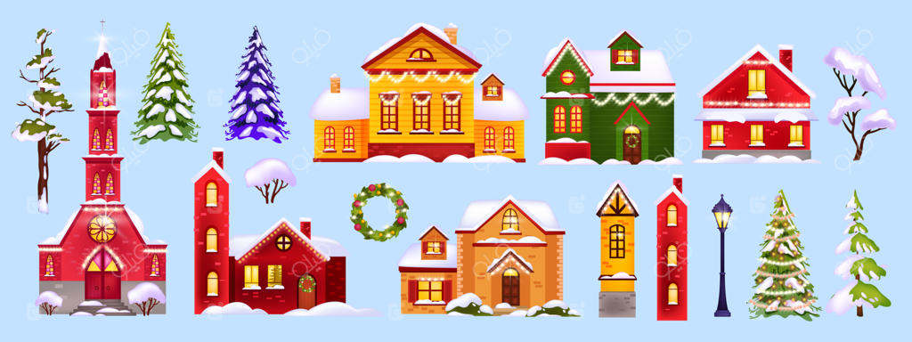 مجموعه‌ای از تصاویر خانه‌های زمستانی کریسمس با برف، معماری روستا، درختان و چراغ خیابان