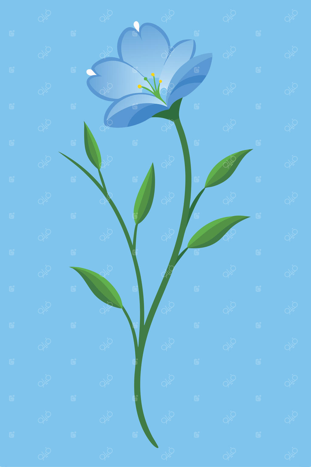 تصویر یک گل آبی، ساقه و برگ‌های سبز، هنر طبیعت