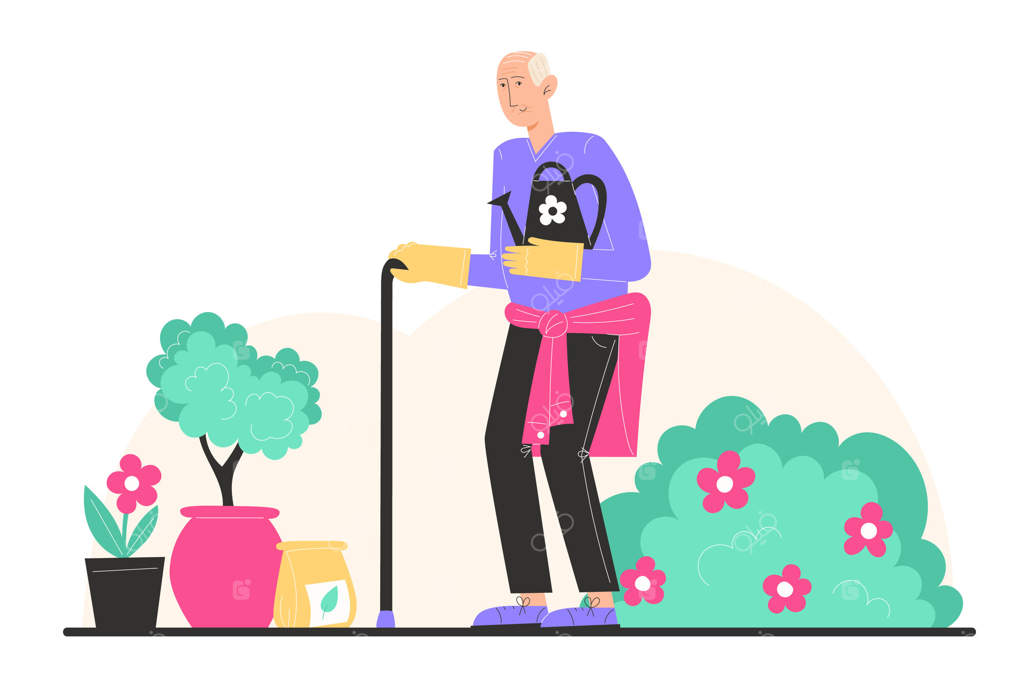 پیرمردی با عصا در باغ ایستاده و آب‌پاشی در دست دارد