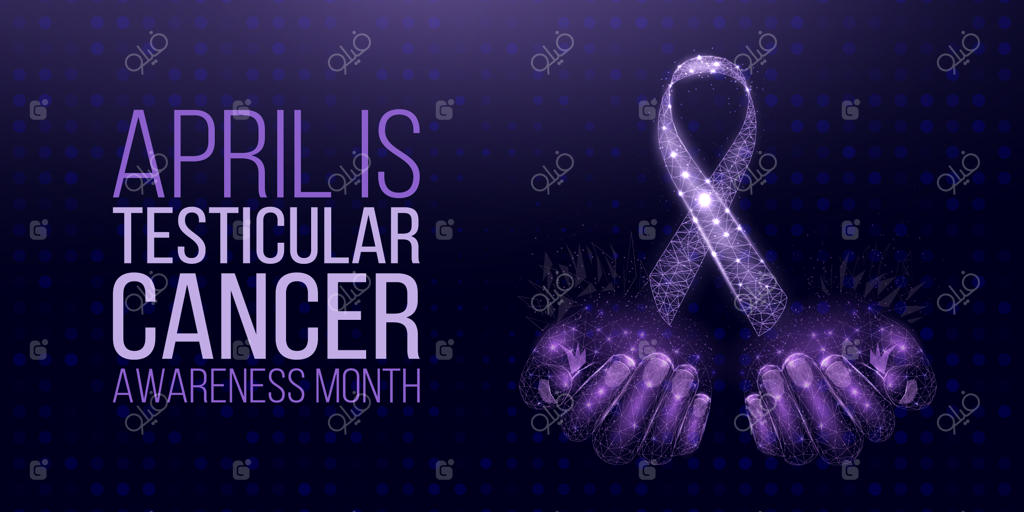 طرح بنر ماه آگاهی از سرطان بیضه با تصاویر روبان بنفش و متن illustrative