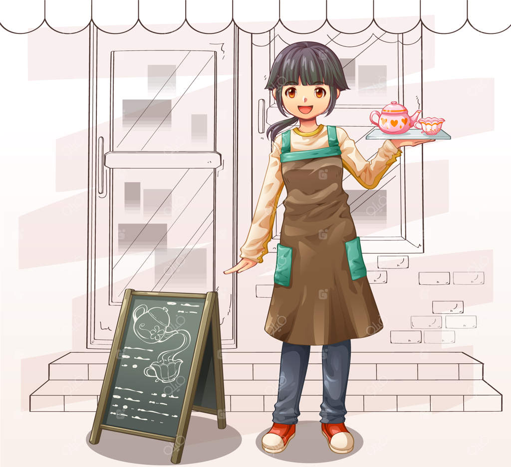 تصویر کارتونی پیشخدمت و کافی‌شاپ وکتور