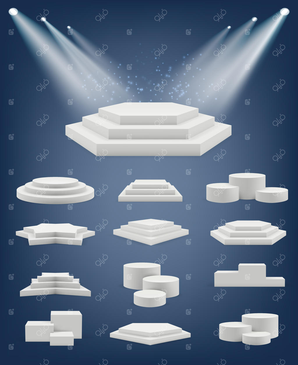 سکوهای واقع‌گرایانه؛ مجموعه وکتور پایه‌های نمایشگاهی، استیج، پلتفرم‌های مختلف، صحنه و جایگاه قهرمانی در اشکال متنوع. تصویرسازی سکو و پایه رئال برای ارائه محصول