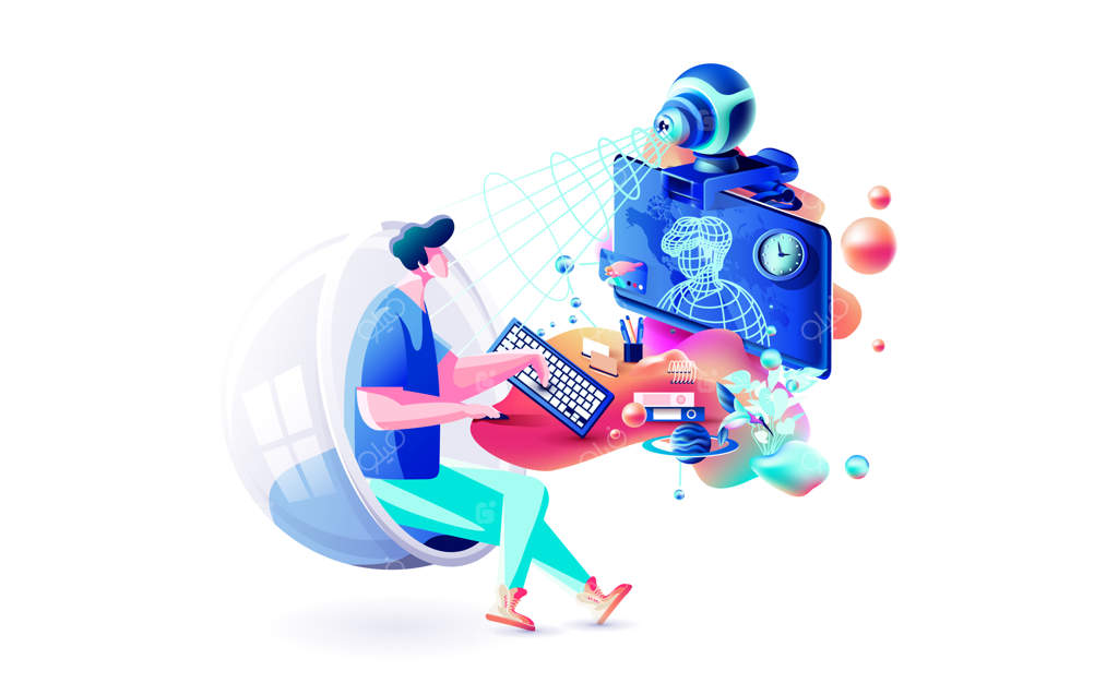 ارتباط از راه دور: آموزش ویدیویی آنلاین، یادگیری از راه دور، کنفرانس اینترنتی، مصاحبه و ارائه، فریلنسری که پشت کامپیوتر نشسته است.