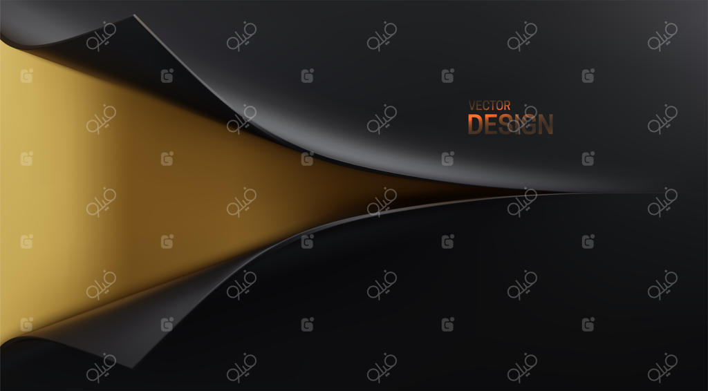 پس‌زمینه سه بعدی انتزاعی با کاغذ کادوی مشکی باز شده و زمینه طلایی