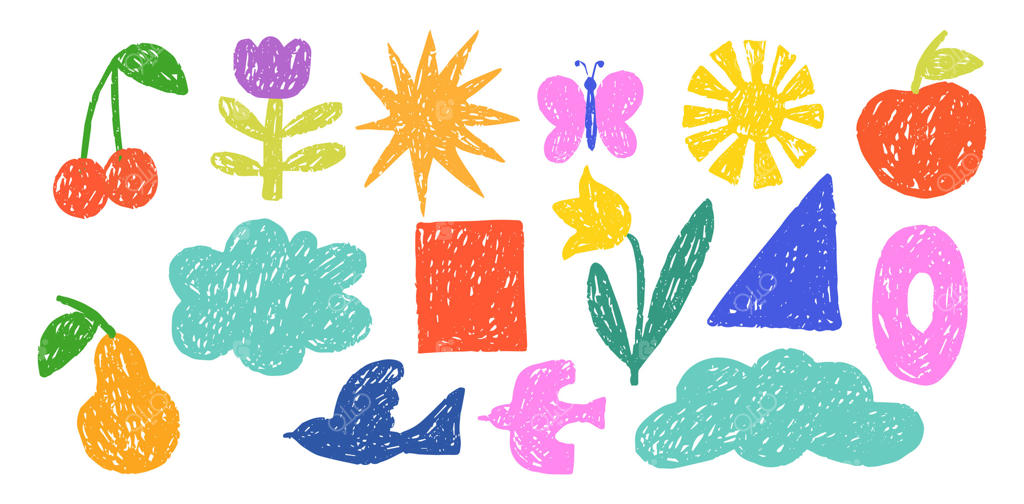 مجموعه‌ای از شکل‌ها و خطوط ساده و رنگارنگ با مداد شمعی با سبک دخترانه کودکانه. عناصر کولاژ شامل ستاره، گل، میوه، پرنده‌ها و ابرها. طراحی‌ها با مداد روی زمینه سفید.