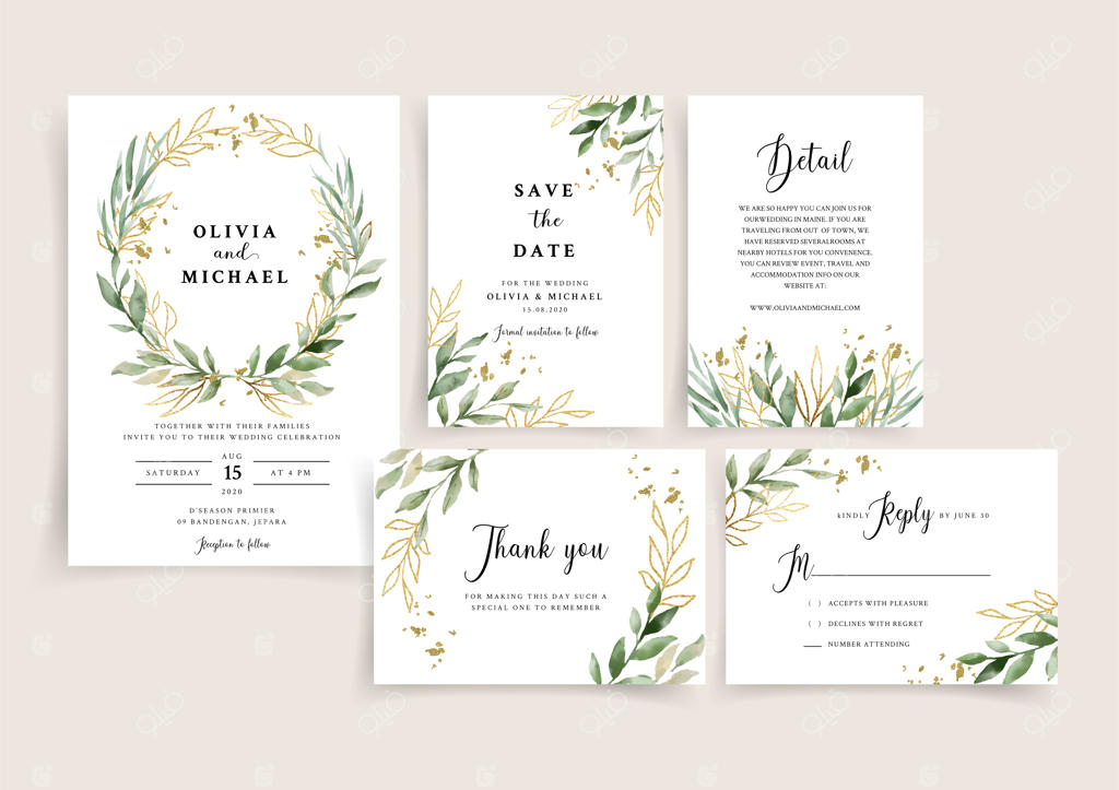 مجموعه قالب کارت دعوت عروسی با حاشیه برگ‌های زیبا