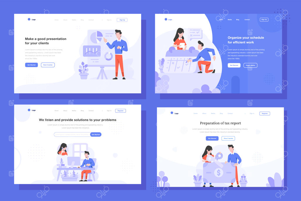 تصویرسازی صفحه فرود با سبک طراحی تخت: ارائه مرد و زن، برنامه‌ریزی با تقویم، تماس خدمات مشتریان، و کاهش مالیات‌ها