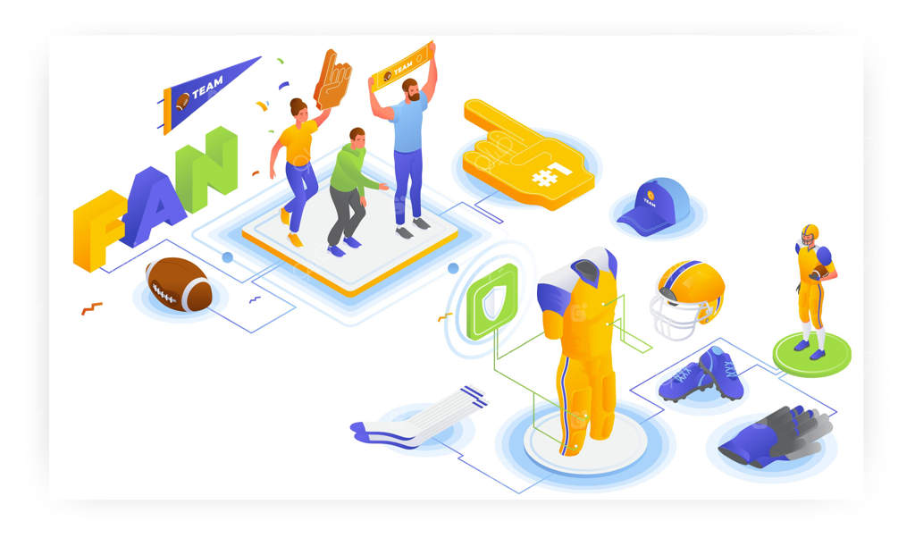 تجهیزات لباس بازیکن فوتبال آمریکایی و هواداران تیم محبوب در سبک ایزومتریک وکتور