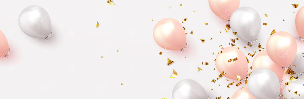 پس‌زمینه جشن با بادکنک‌های هلیومی: کارت پستال تبریک تولد، پوستر تعطیلات، بنر سالگرد. طراحی سه‌بعدی واقع‌گرایانه. رنگ‌های ملایم صورتی و سفید. تصویرسازی وکتوری.