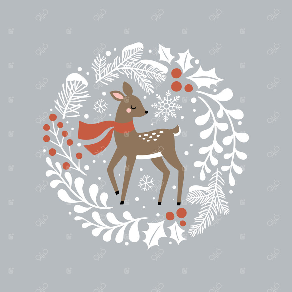 آهو بامزه دست‌کشیده درون حلقه گل – مناسب برای لوگوی تی‌شرت، کارت تبریک، پوستر، دعوت‌نامه یا طراحی چاپی.