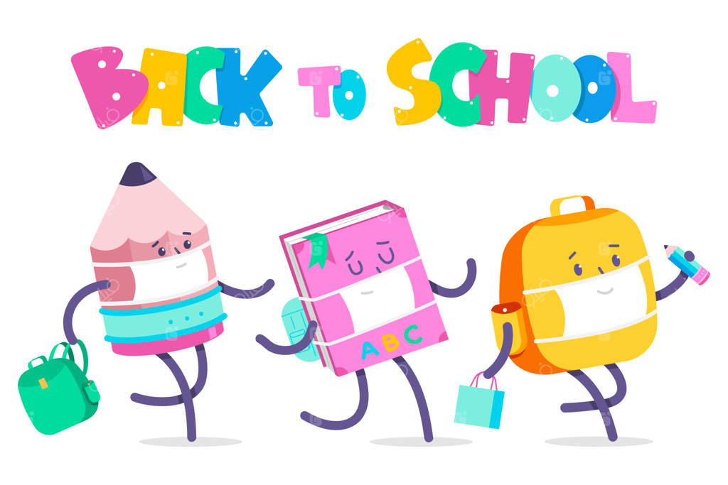تصویر مفهومی بازگشت به مدرسه به سبک وکتور با لوازم بچه‌ها و شخصیت‌های کارتونی با ماسک صورت.