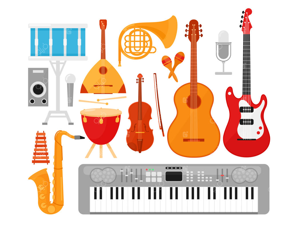 مجموعه سازهای موسیقی: گیتارهای آکوستیک و الکتریک بر روی پس‌زمینه سفید.