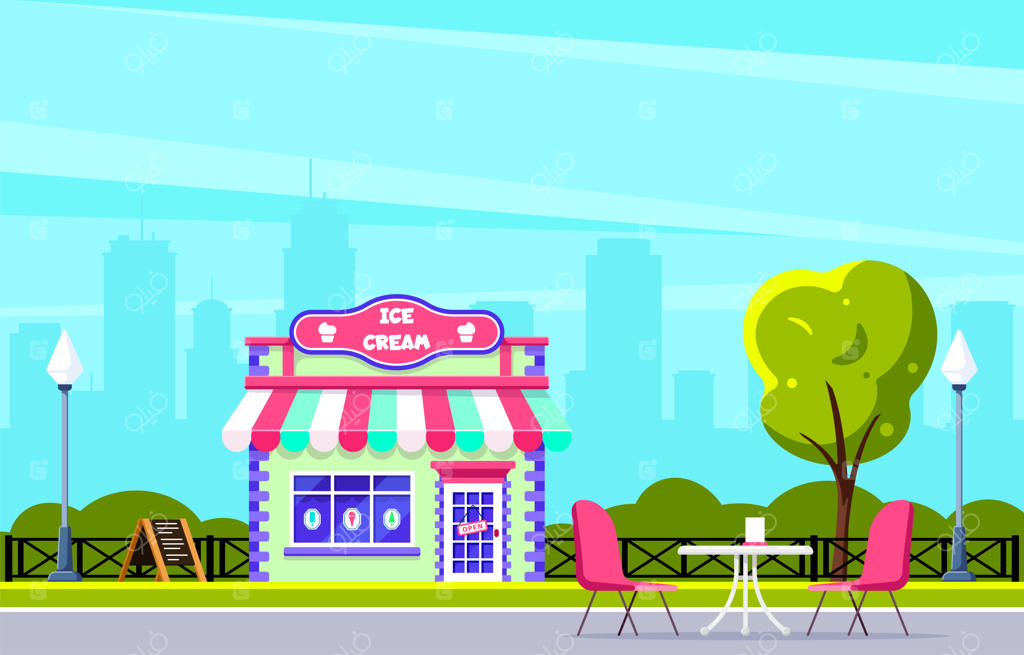 طراحی ساختمان فروشگاه بستنی. کافه خیابانی در شهر. نمای شهر بزرگ در پس‌زمینه. تصویرسازی به سبک مسطح.