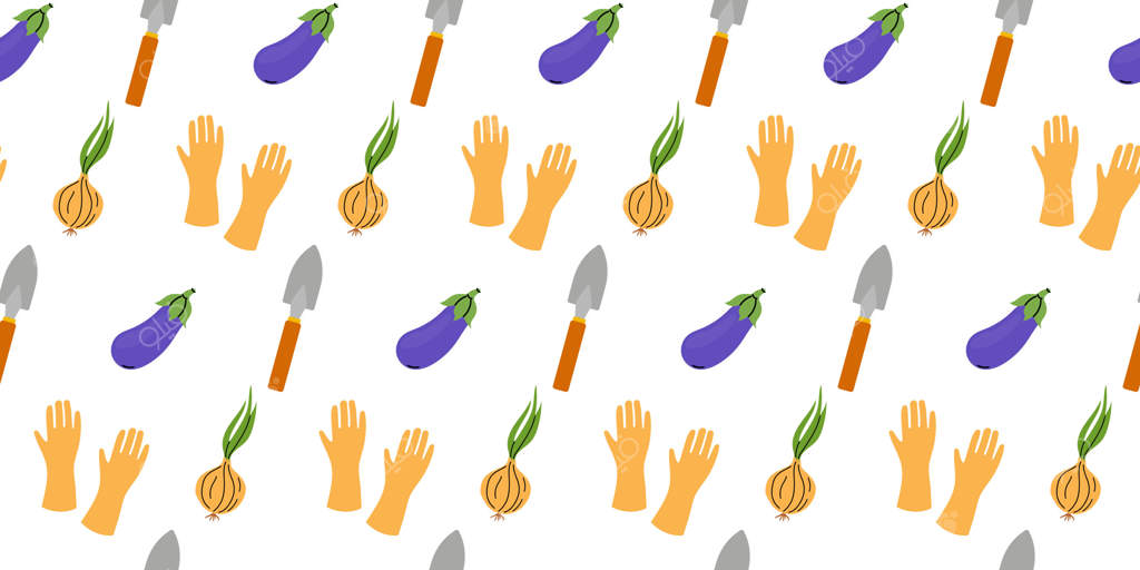 طرح شامل ابزار باغبانی، سبزیجات و دست‌هایی در حال فعالیت‌های باغبانی