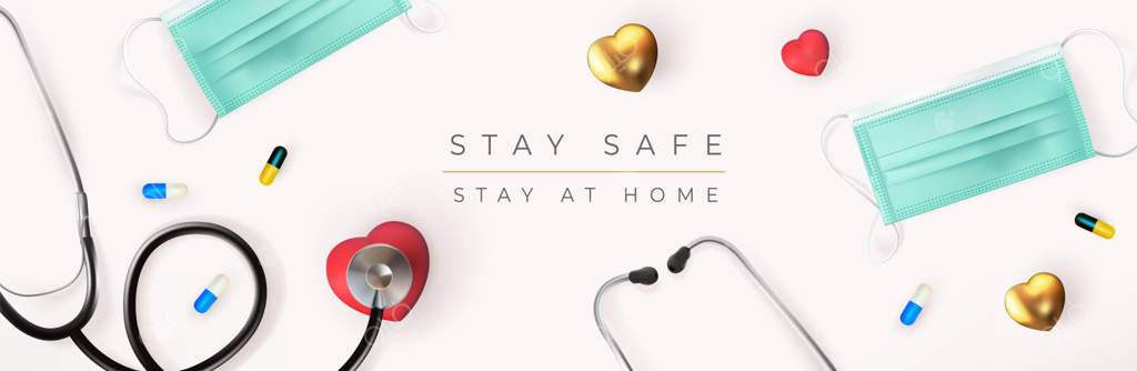 بنر گرافیکی پزشکی با تصویر گوشی پزشکی، ماسک پزشکی، قلب و قرص‌ها روی زمینه سفید