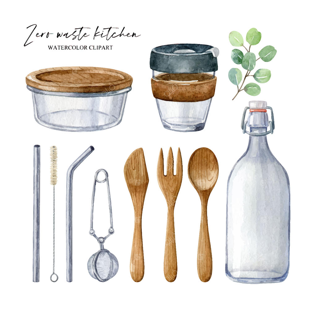 سرویس آشپزخانه پایدار: قاشق و چنگال چوبی، نی فلزی، صافی چای و لیوان آب