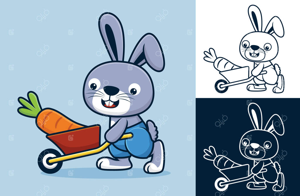 خرگوش در حال حمل هویج بزرگ با فرغون. تصویر کارتونی با سبک آیکن تخت