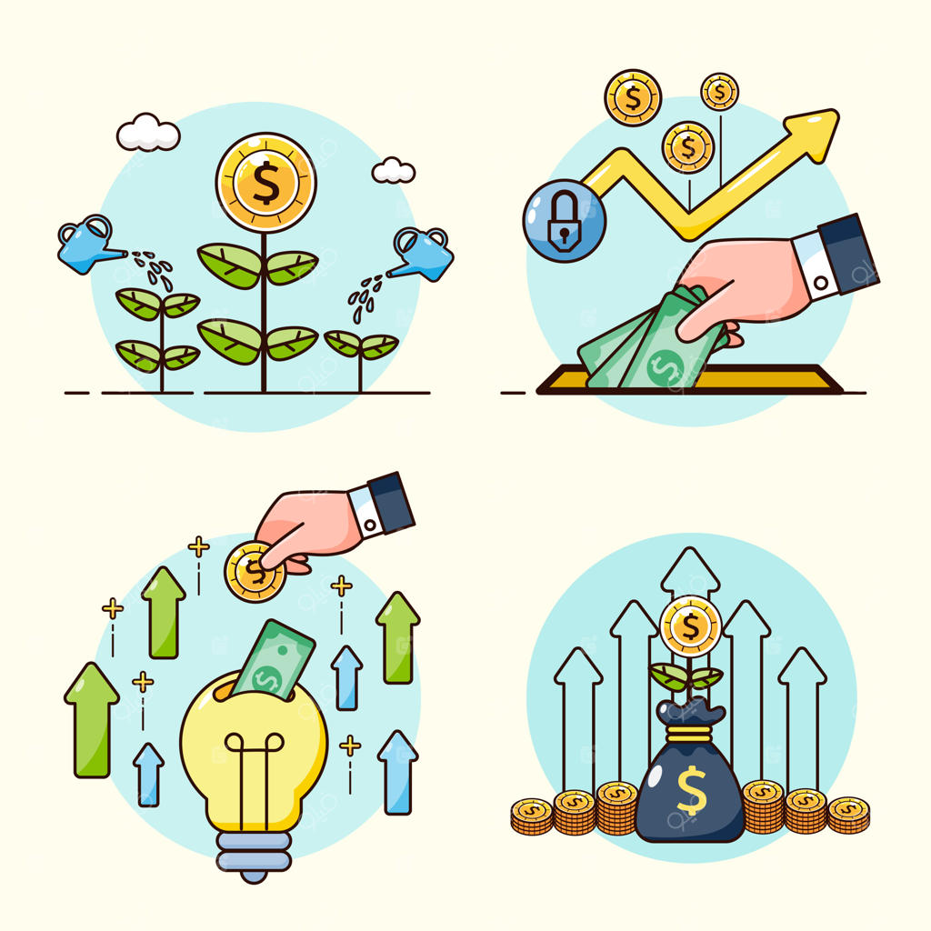 مفهوم رشد سرمایه‌گذاری و بازگشت سرمایه: گیاه دلار، سکه‌ها، نمودار و کیسه پول