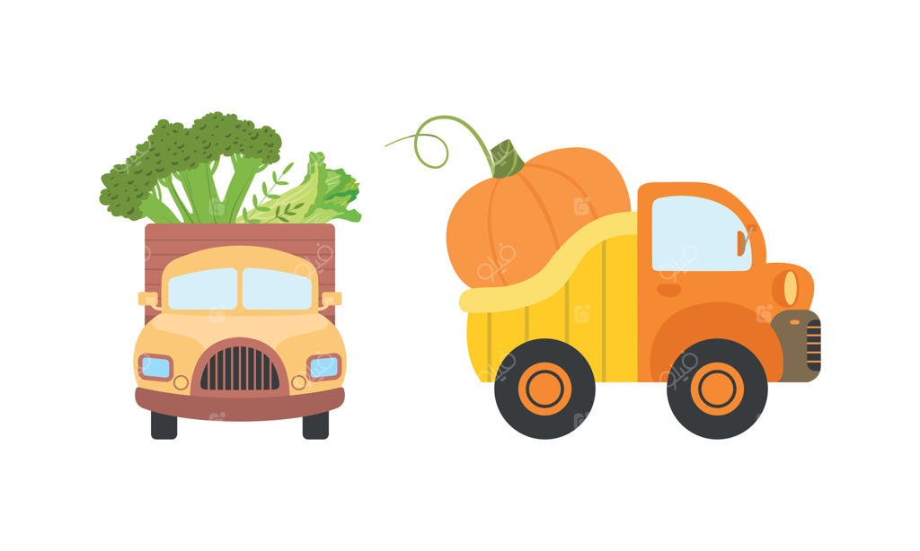 ماشین‌های بامزه در حال تحویل سبزیجات، کامیون‌های کوچک برای حمل کدو تنبل و کلم بروکلی ـ تصویر کارتونی سبزیجات تازه و رسیده