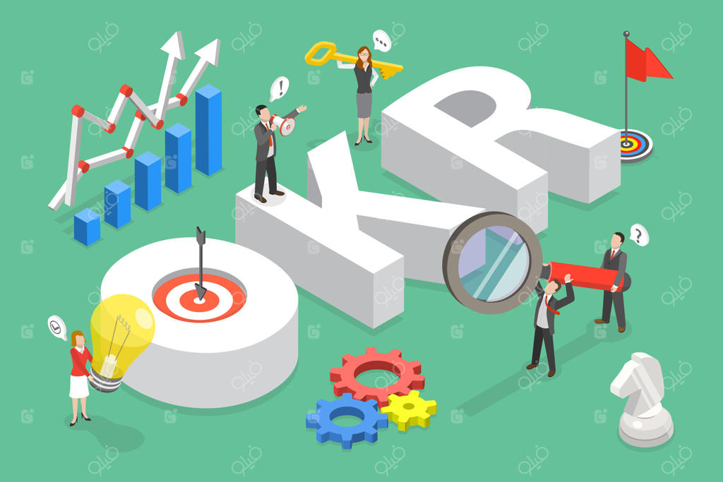 تصویر مفهومی ایزومتریک سه‌بعدی از اهداف و نتایج کلیدی (OKR)