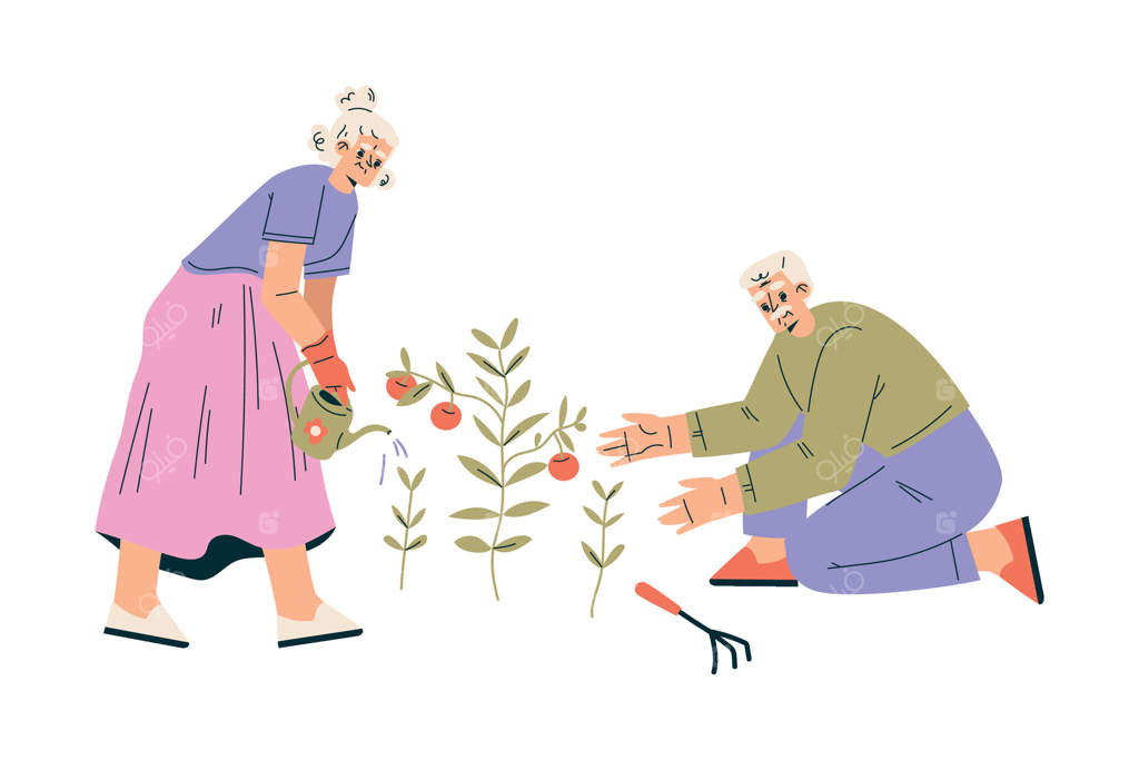 تصویر خانه سالمندان با شخصیت‌های مرد و زن بازنشسته در حال کار در باغچه