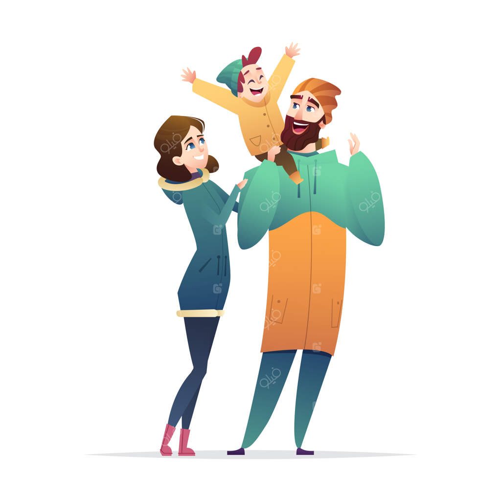 خانواده خوشحال با هم؛ پدر، مادر، پسر و دختر - مد زمستانی به سبک کارتونی مدرن