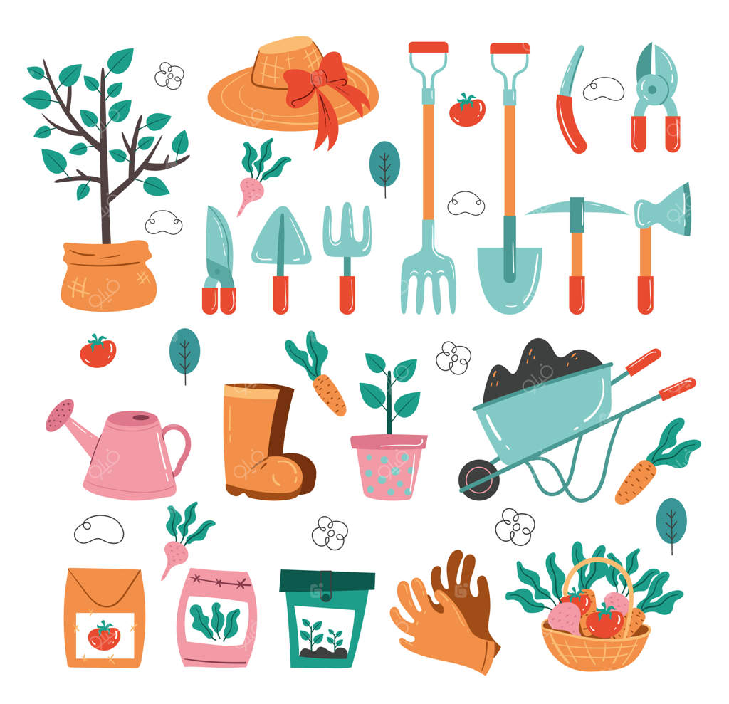 مجموعه ابزار باغبانی روی پس‌زمینه سفید