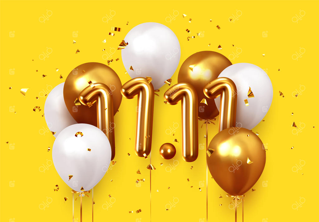 روز جهانی خرید 11.11. حراج بزرگ جهانی. بزرگترین حراج سال. پس‌زمینه‌ای با بادکنک‌های طلایی و سفید. طراحی با اعداد فلزی تاریخی 11.11 و بادکنک‌های هلیومی با روبان، درخشش پولک‌های رنگین