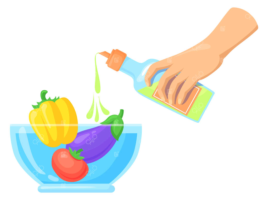 ریختن روغن روی سالاد سبزیجات در کاسه شیشه‌ای – آیکون رنگی