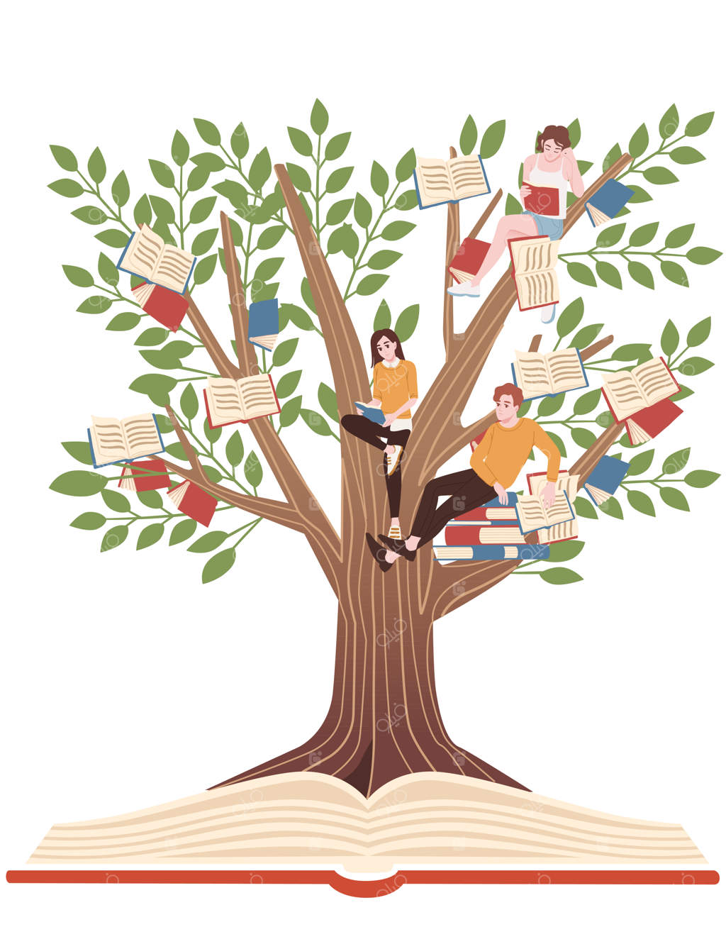 مفهوم آموزش: رشد کتاب‌ها بر روی درخت و مطالعه افراد، طراحی شخصیت کارتونی - تصویرسازی وکتور تخت بر زمینه سفید