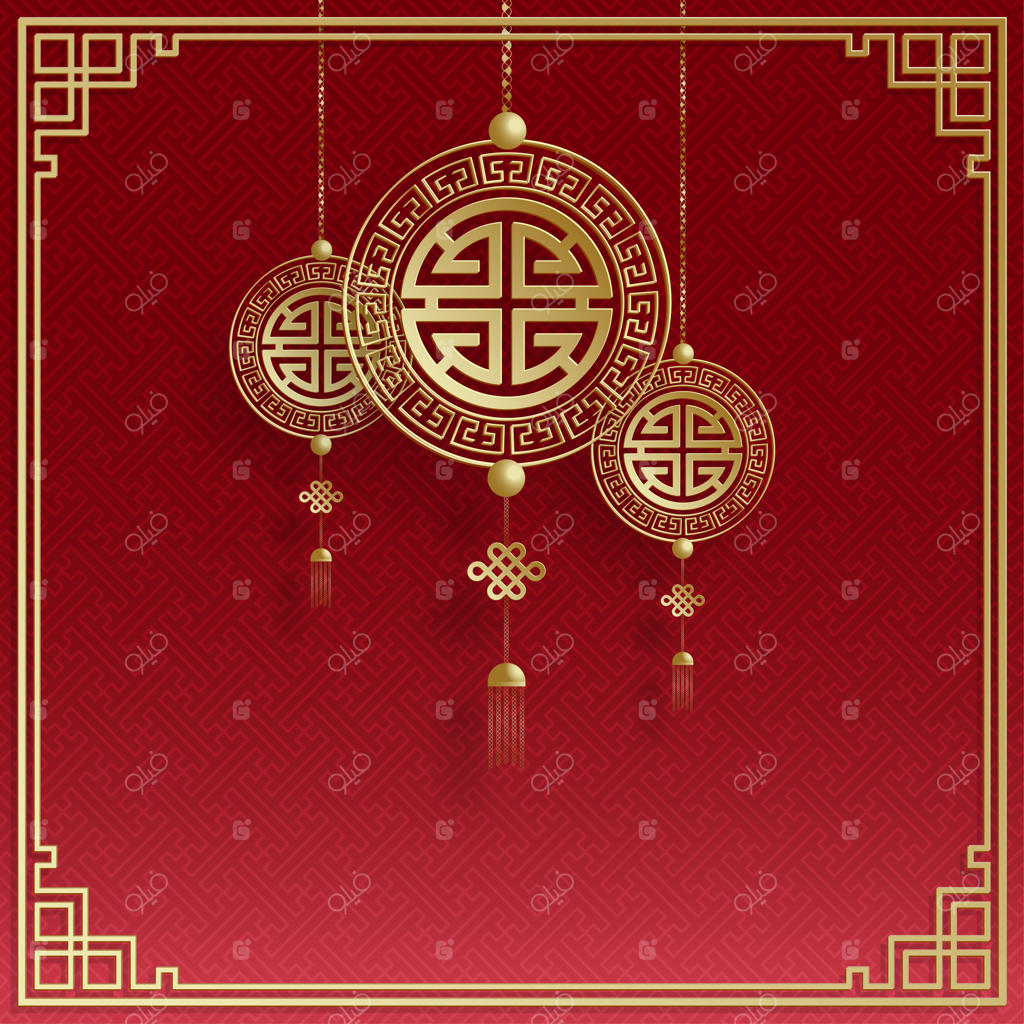 قالب کارت دعوت عروسی چینی با عناصر شرقی و سبک هنر و صنایع دستی کاغذی بر روی پس‌زمینه رنگی (ترجمه به چینی: دعوت‌نامه عروسی)