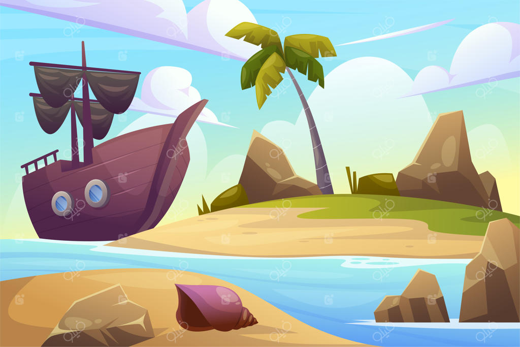 تصویر منظره ساحلی برای پس‌زمینه روزهای تابستانی با کشتی و جزیره اقیانوس