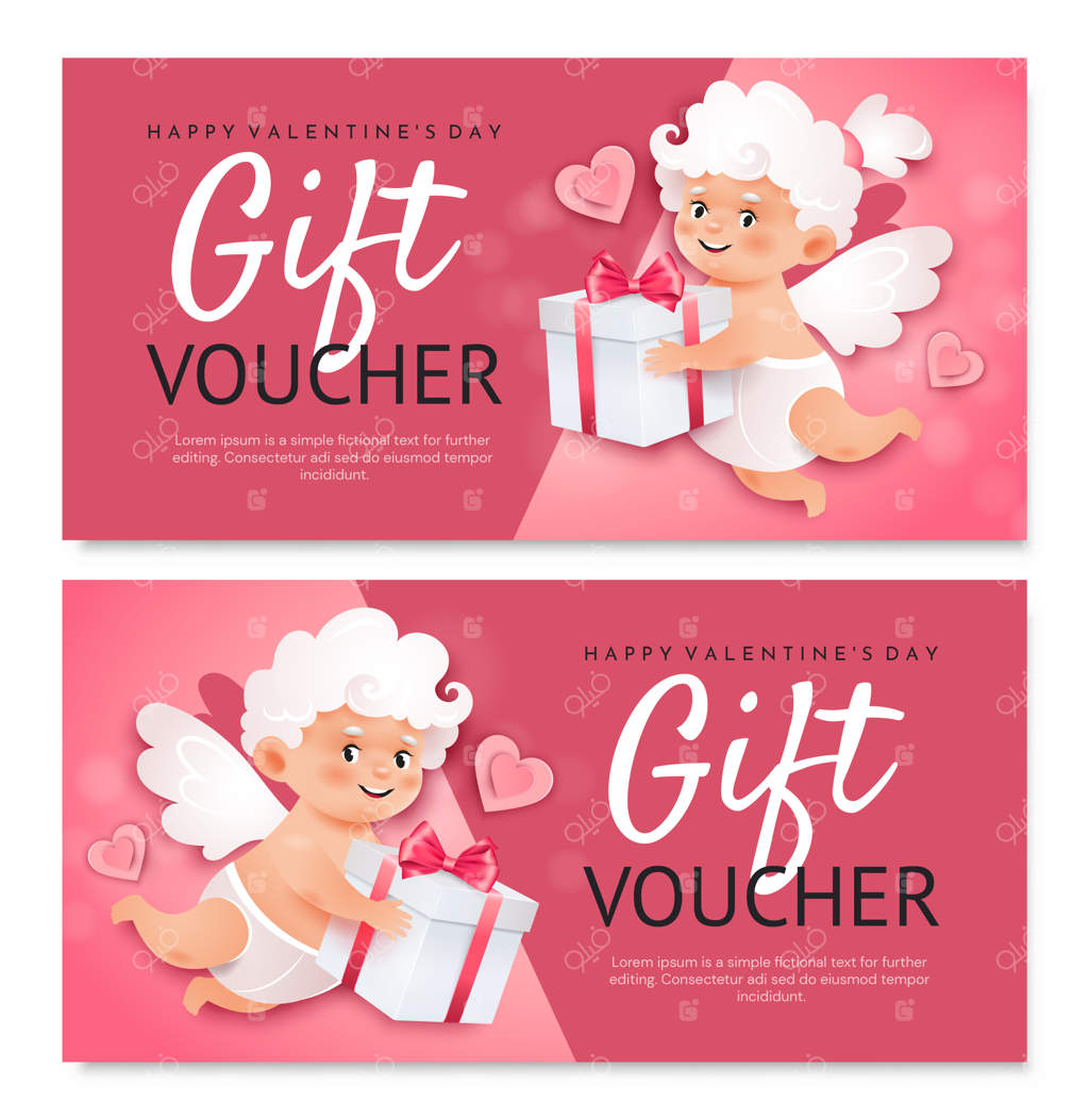 قالب کوپن هدیه روز ولنتاین: فرشته‌های کوچک بامزه با قلب‌ها
