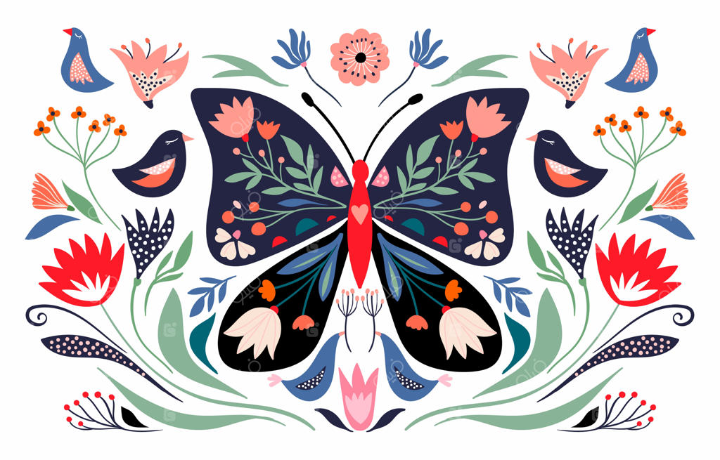 ترکیب بهاری با پروانه گلی و عناصر فصل، گل‌ها و پرندگان؛ پوستر تزئینی بنر