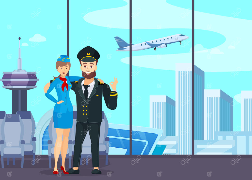 کاپیتان و مهمانداران در کنار هواپیمای در حال پرواز ایستاده‌اند