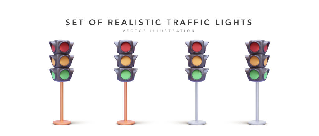 تصویر برداری از مجموعه چراغ‌های راهنمایی واقعی روی پس‌زمینه سفید