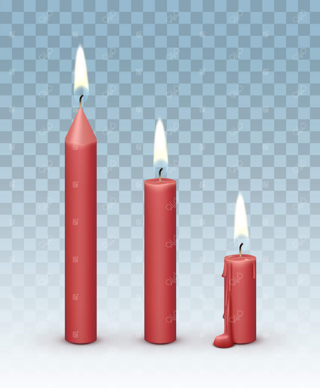 مجموعه شمع‌های مومی قرمز در حال سوختن با شعله‌ای واقعی روی پس‌زمینه شفاف