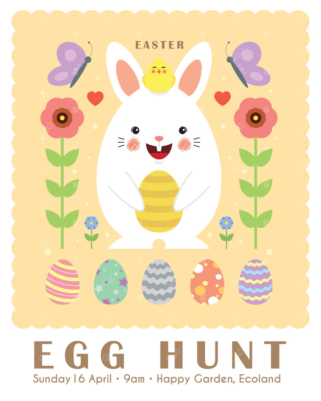 پترن پوستر شکار تخم مرغ عید پاک با خرگوش کارتونی، تخم مرغ‌های عید، گل‌ها، جوجه و پروانه‌ها