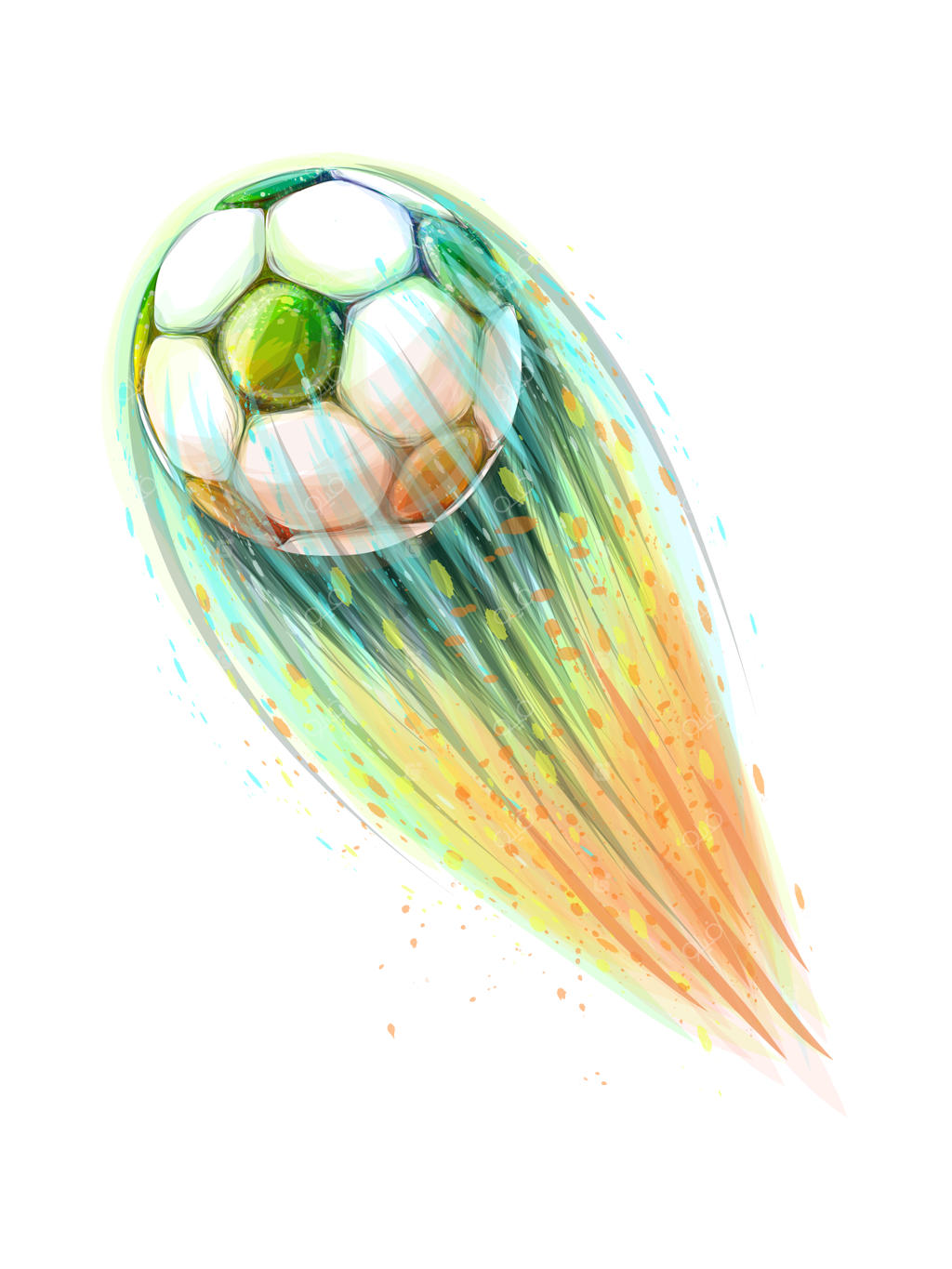 طراحی مفهومی و استایلیستیک توپ فوتبال دیجیتالی با استفاده از رنگ‌های آبرنگی، توپ در حال پرواز. تصویرسازی وکتور از رنگ‌ها