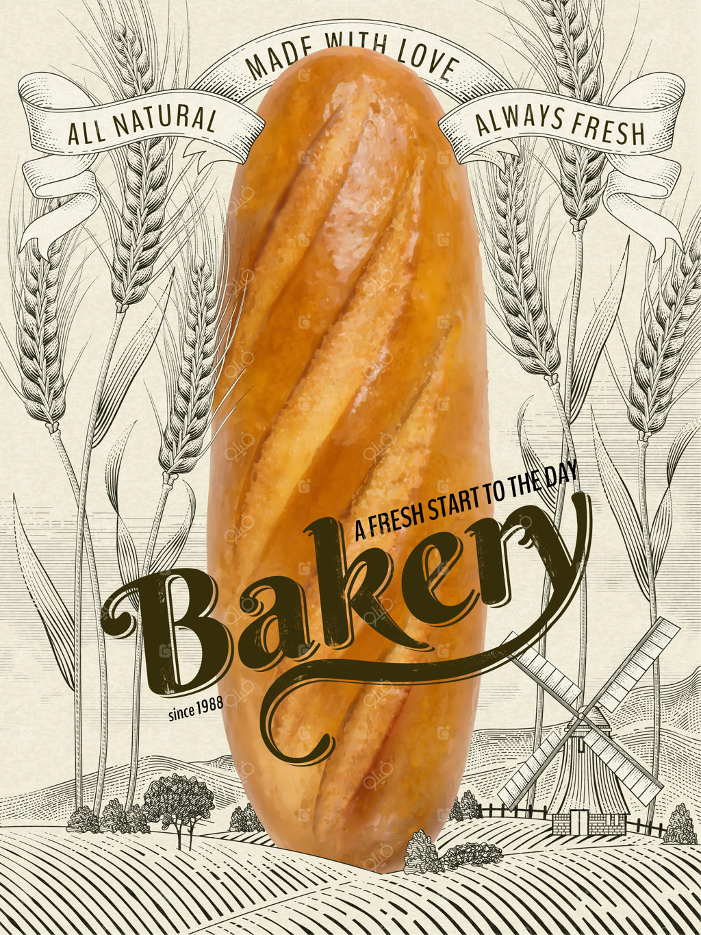 آگهی‌های نوستالژیک نانوایی: نان بزرگ فرانسوی خوشمزه همراه با منظره مزرعه گندم و روستای دل‌انگیز به سبک سایه‌زنی حکاکی شده