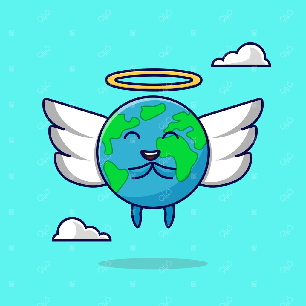 وکتور آیکون کارتونی و تخت کره زمین فرشته در حال پرواز
