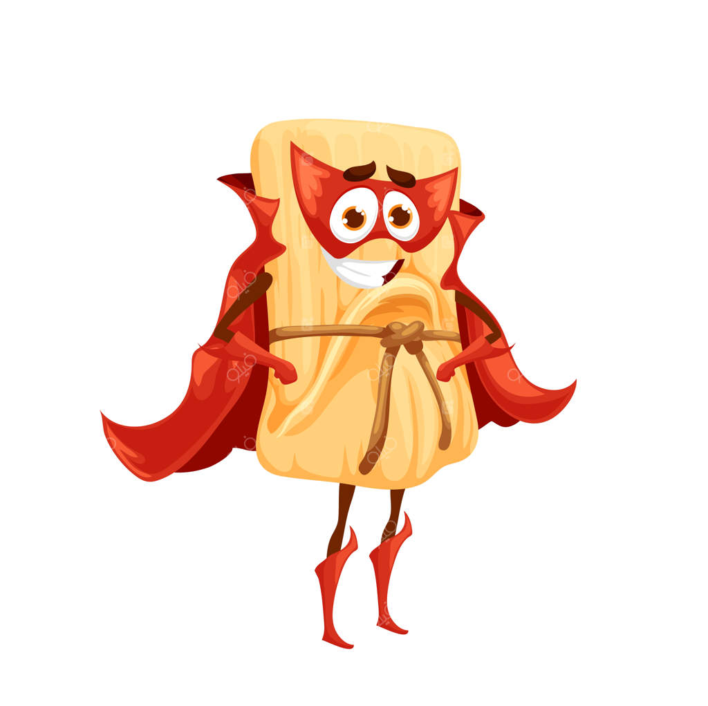 شخصیت قهرمان کارتون تامال مکزیکی خنده‌دار با نقاب، دستکش و شنل - شخصیت شاد تامال برای غذاهای خیابانی و رستوران‌ها، ماسکات طنز و جذاب!