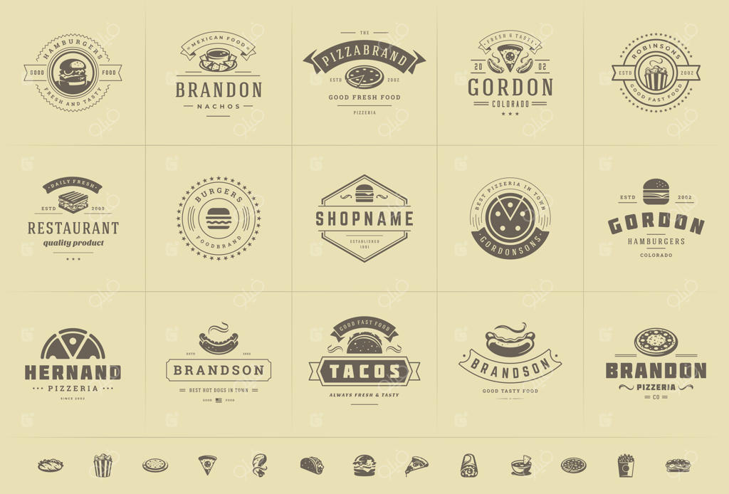تصویر مجموعه لوگوهای فست فود مناسب برای پیتزافروشی، برگر فروشی و نشان منوی رستوران با طرح مواد غذایی
