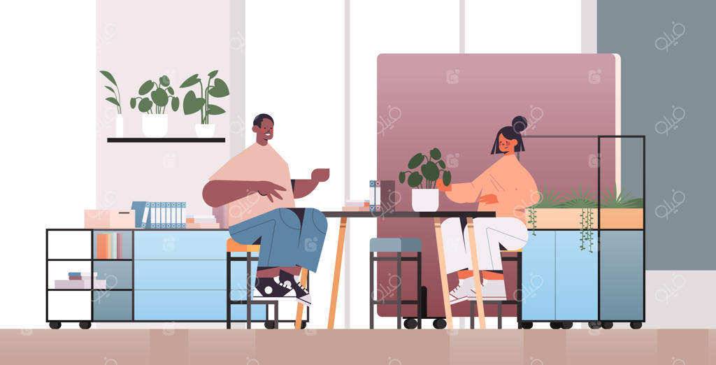 بحث کارآفرینان با قومیت‌های مختلف در زمان استراحت قهوه در مرکز کار اشتراکی جلسه کاری و همکاری تیمی