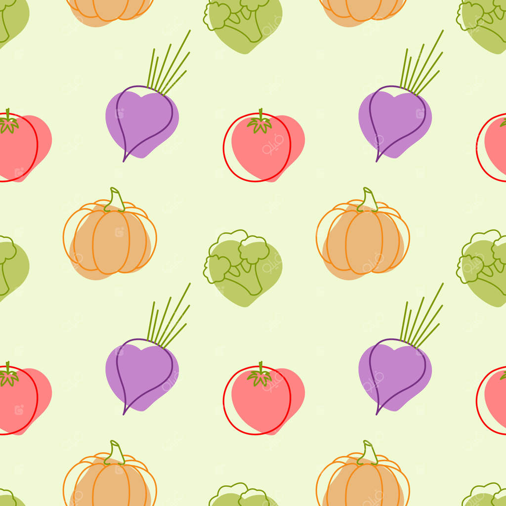 پترن سبزیجات باغچه‌ای، تغذیه سالم، مفهوم زیست‌محیطی، میوه‌های استایلیزه شده مانند کدو، چغندر، گوجه‌فرنگی و بروکلی. پس‌زمینه سبز پاستلی.