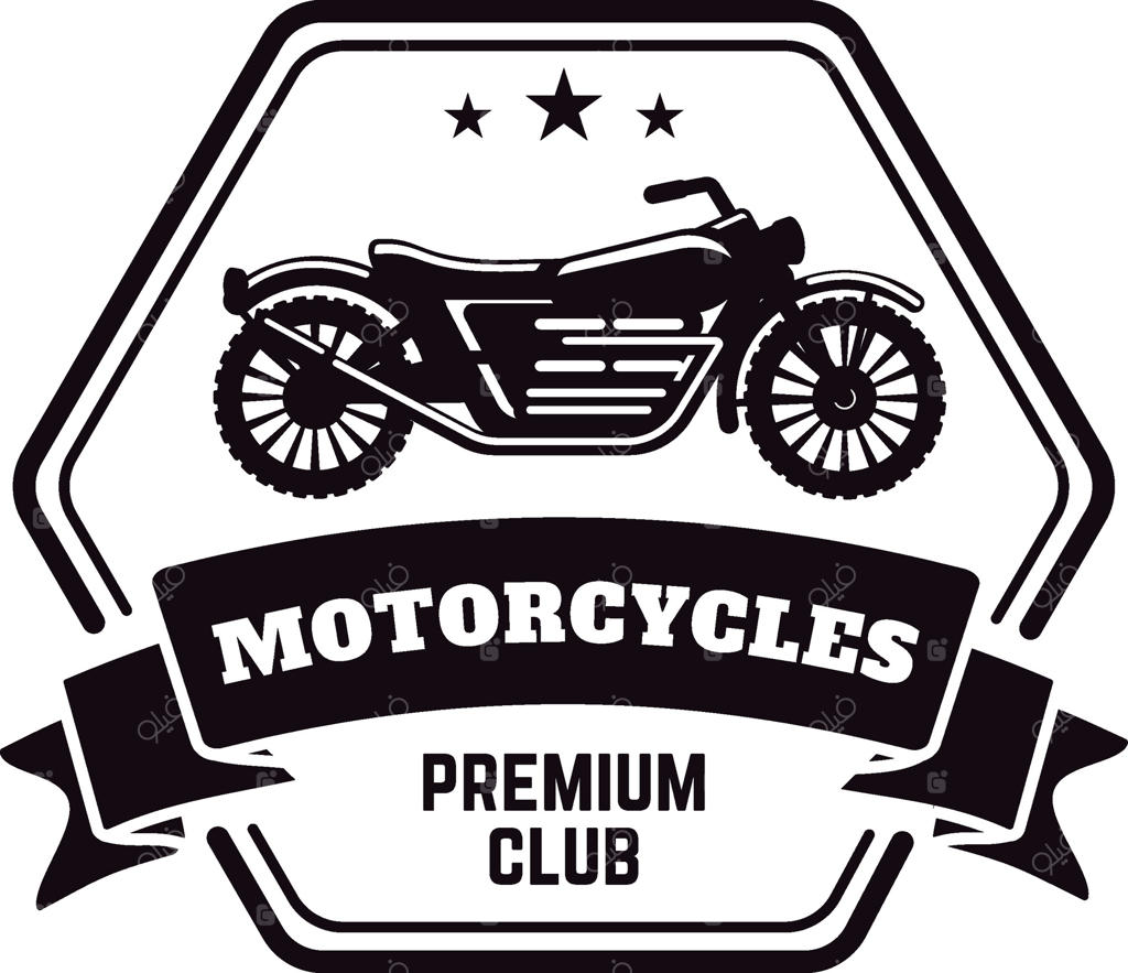 لوگوی شش‌ضلعی سیاه و سفید برای باشگاه موتورسیکلت ممتاز، دارای موتورسیکلت کلاسیک، ستاره‌های تزئینی و نواری روبانی شیک، نمایانگر فرهنگ قدیمی بایکرها